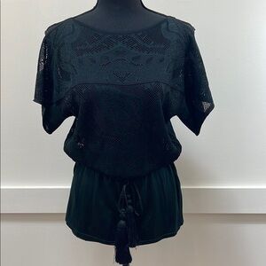 HERMES Black Green Crochet Knit Tassle Drawstring Top Kimono Sleeves sz 36 XS-S